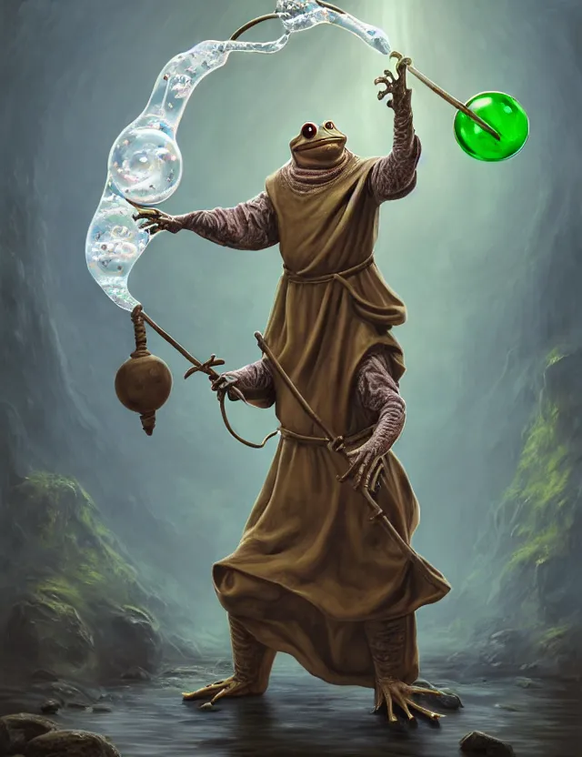 Prompt: anthropomorphic bipedal frog that is dressed as a medieval monk, and holding a giant flail, as a matte oil painting and d & d character art, by alex grey, standing, fullbody, vibrant, floating bubbles, enlightened, fog, fractals, spirals, concept art, award - winning, extremely detailed, sharp focus