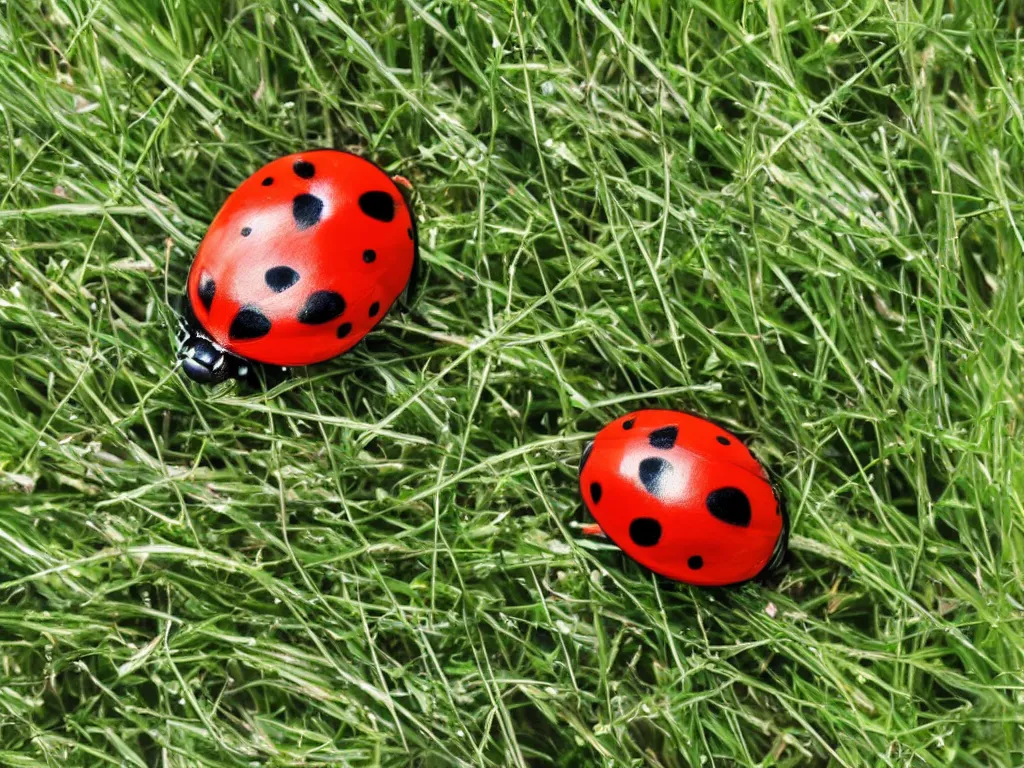 Prompt: ladybug on top of blade of grass, heavy dew, morning sun rays, medium dog, hyperrealictic