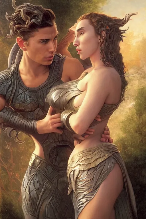 Image similar to A fantasy comic book style Oil Painting portrait of Scarlett Johansson and Gal Gadot, as Atlantean Reptilian Warriors, Mystical Valkyrie, unreal 5, DAZ, hyperrealistic, octane render, Regal, Refined, Detailed Digital Art, RPG portrait, William-Adolphe Bouguereau, Michael Cheval, Walt Disney (1937), François Boucher, Steampunk, Josephine wall, dynamic lighting, Highly Detailed, Cinematic Lighting, Unreal Engine, 8k, HD