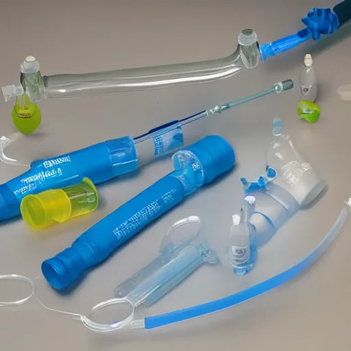 Image similar to musical instrument made out of clear tubing, syringes, urine collection bag, iv pole, fluid bag, nebulizer equipment