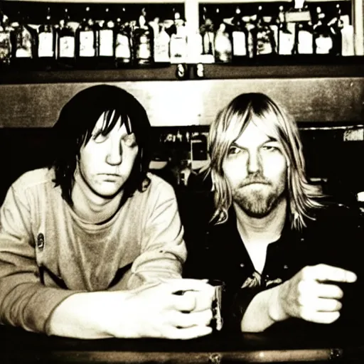 Prompt: elliott smith and kurt cobain hanging out at a bar