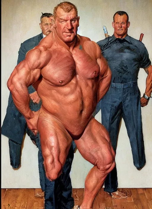 Image similar to full body and head portrait of dorian yates as kingpin, painted by norman rockwell and phil hale and greg staples and tom lovell and frank schoonover and jack kirby