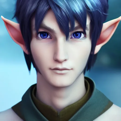 Image similar to elf boy render as a very beautiful 3d anime boy, hazel eyes, full round face, short smile, cinematic lightning, medium shot, mid-shot, highly detailed, trending on Artstation, Unreal Engine 4k, cinematic wallpaper