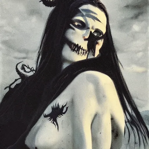 Prompt: close up portrait of a scandinavian undead witch female with ram horns, satanic kvlt by peder balke by peder balke by greg rutkowski, by guido crepax by norman bluhm mystic high contrast monochromatic noir angst pagan magic symbols