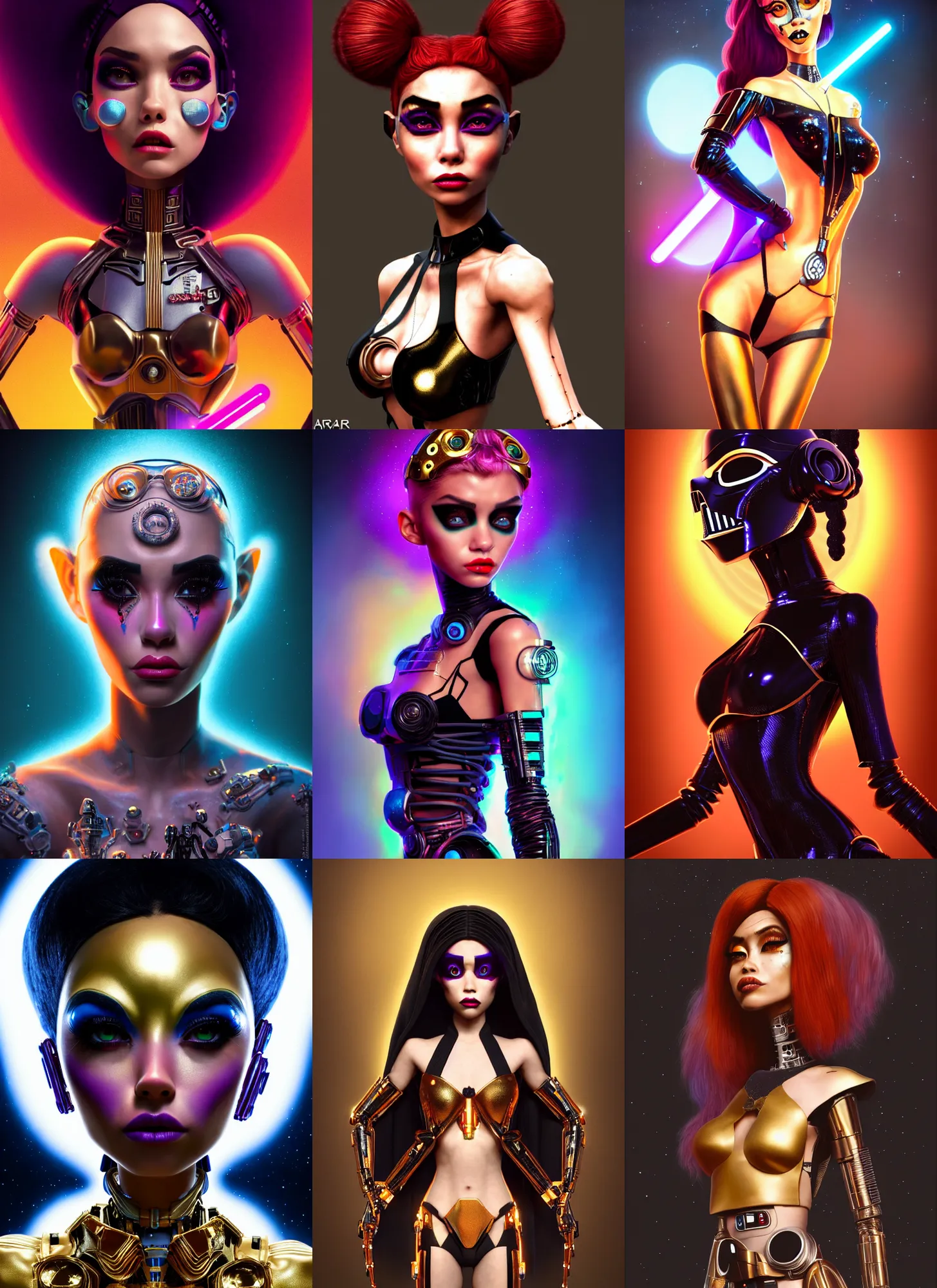 Prompt: pixar portrait 8 k photo, beautiful black star wars gogo dancer clowncore madison beer cyborg, golden ratio details, sci - fi, fantasy, cyberpunk, intricate, elegant, highly detailed, digital painting, ever after high, octane render, artstation, concept art, smooth, sharp focus, illustration, art by artgerm, loish, wlop