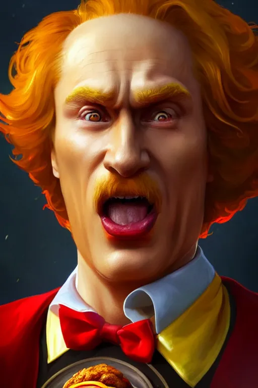 Image similar to vladimir putin as ronald mcdonald, closeup, d & d, fantasy, intricate, elegant, highly detailed, digital painting, artstation, concept art, matte, sharp focus, illustration, hearthstone, art by artgerm and greg rutkowski and alphonse mucha