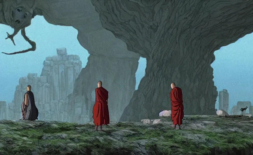 Image similar to movie still from princess mononoke ( 1 9 9 7 ) showing a highly detailed landscape with two monks praying with stonehenge in the background 1 9 8 0 s science fiction, 1 9 7 0 s science fiction, cyberpunk, moody, misty, depth perception, 4 k, artstation