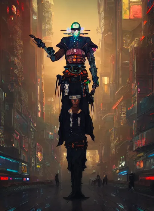 Prompt: excellent quality full body painting of a cyberpunk samurai with a cyberpunk city night background, 4k, trending on artstation, octane render, art by artgerm and greg rutkowski and alphonse mucha and craig mullins and James Jean and Andrei Riabovitchev and Marc Simonetti and peter mohrbacher