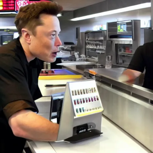 Prompt: Elon musk working at Burger king, Elon musk working the register at a fast food place