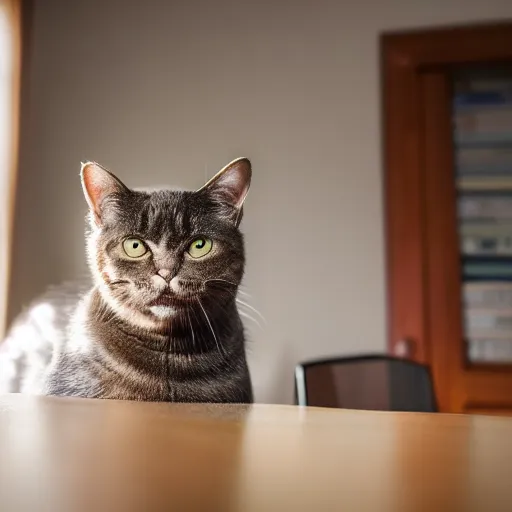 Prompt: Cat with smug and in a Business Suit with his paws on the table is discussing about politics, 40nm lens, shallow depth of field, split lighting, 4k,