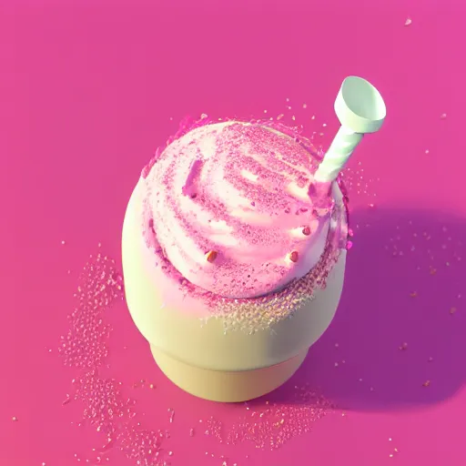 Image similar to 3 d render of a hovering pink milkshake with whipped cream with a slight sparkle and iridescent texture aginst a pink backdrop with slight sadow underneath and falling strawberries in the background, photorealistic, bold colours 4 k, cgsociety, blender, unreal engine 5, sharp details, 3 0 0 dpi