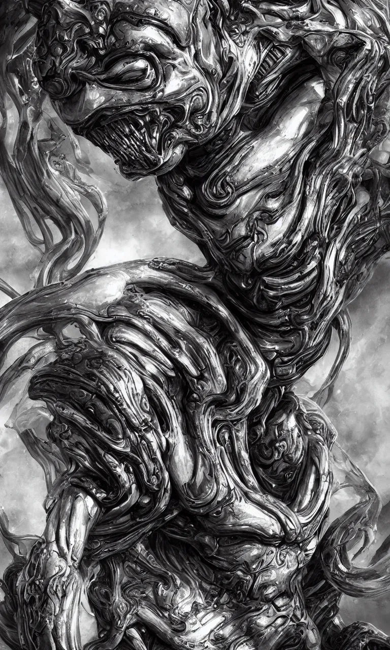 Image similar to engineer prometheus face by Artgerm, xenomorph alien, highly detailed, symmetrical long head, smooth marble surfaces, detailed ink illustration, raiden metal gear, cinematic smooth stone, deep aesthetic, concept art, post process, 4k, carved marble texture and silk cloth, latex skin, highly ornate intricate details, prometheus, evil, moody lighting, hr geiger, hayao miyazaki, indsutrial Steampunk