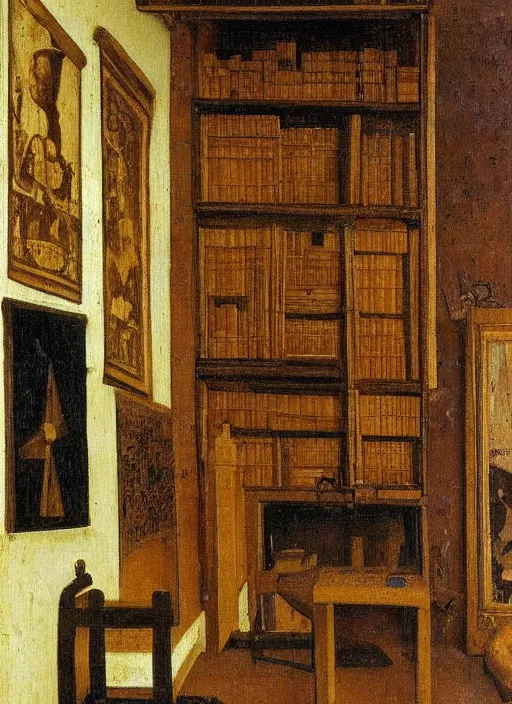 Image similar to bookshelves and drawing materials, paints, brushes, medieval painting by jan van eyck, johannes vermeer, florence