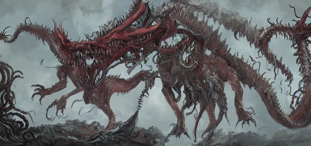 Image similar to concept art of dragon attack, lovecraftian, lots of teeth, melting horror, feathers, fighting the horrors of the unknown with laser guns