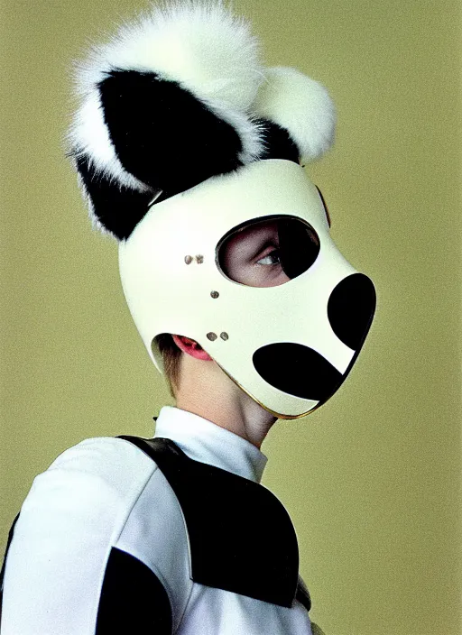 Prompt: realistic photo of a freestanding white helmet with pattern of white tiny energy stripes, brass beak, black latex mask, ears made of white fluffy furry sticks 1 9 9 0, life magazine reportage photo, natural colors