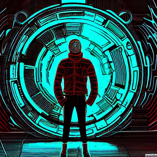 Prompt: in the style of max prentis and deathburger and laurie greasley a young man wearing a cyberpunk headpiece who is standing in front of a large circular ancient glowing portal, highly detailed, 8 k wallpaper