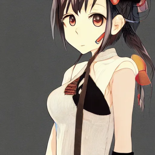 Prompt: a portrait of an anime girl, in her early 20's, with short black hair, wearing a black tank top and a sweater wrapped around her waist, art made by Akihiko Yoshida in the style of Bravely Default II, highly detailed, trending on art station, fantasy themed,