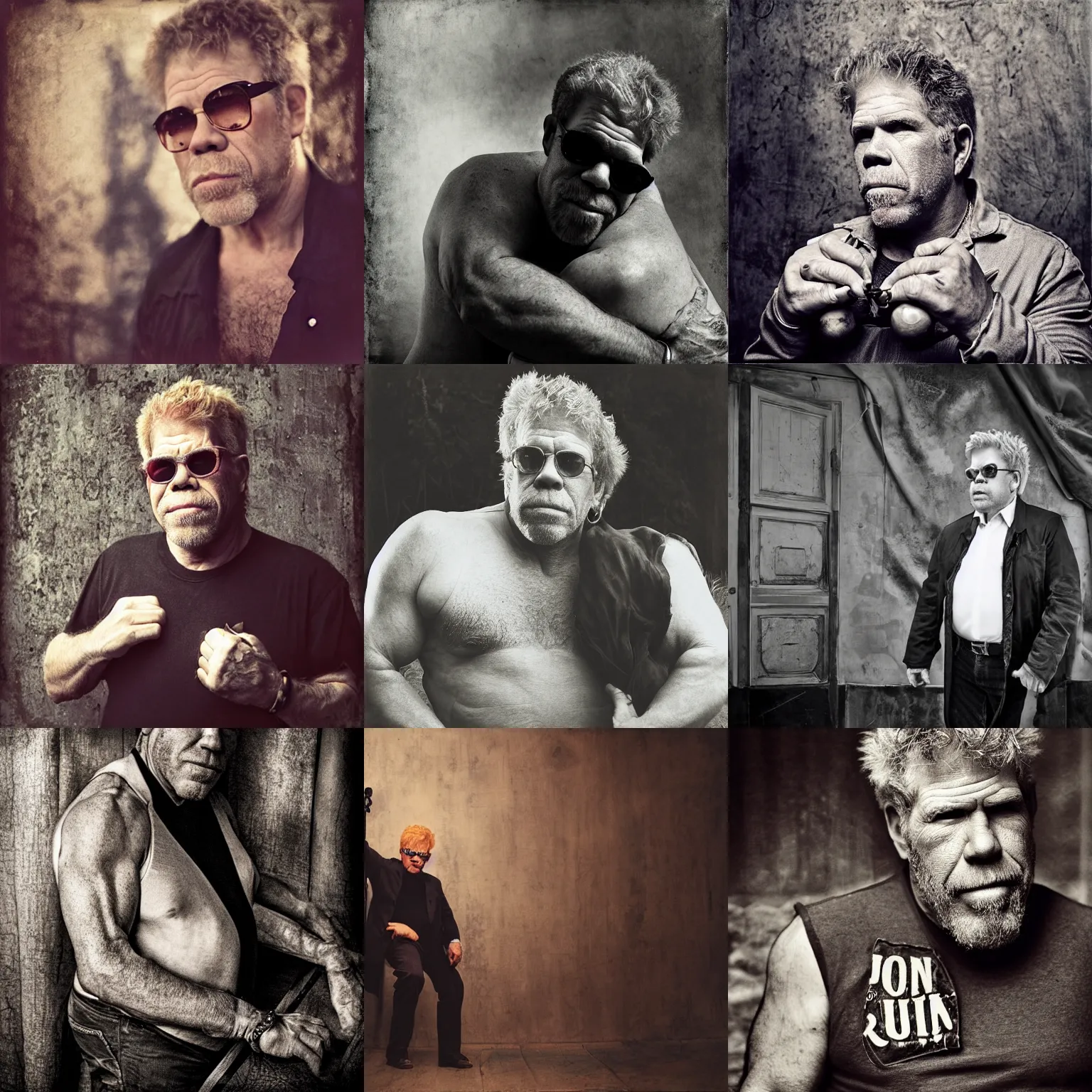 Prompt: Ron Perlman lifting Elton John, photo by Katia Chausheva