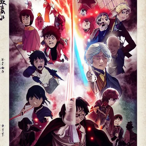 Image similar to poster for a film fantasy japanese animation called harry potter a new hope, 8 k, hd, dustin nguyen, akihiko yoshida, greg tocchini, greg rutkowski, cliff chiang, award winning, awesome composition