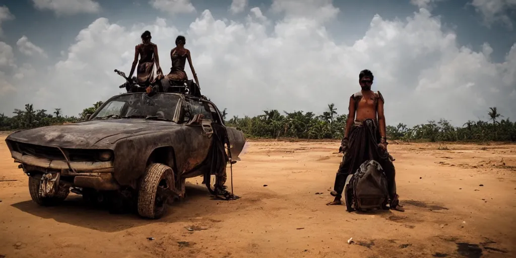 Image similar to sri lankan mad max style, film still, epic shot cinematography, rule of thirds