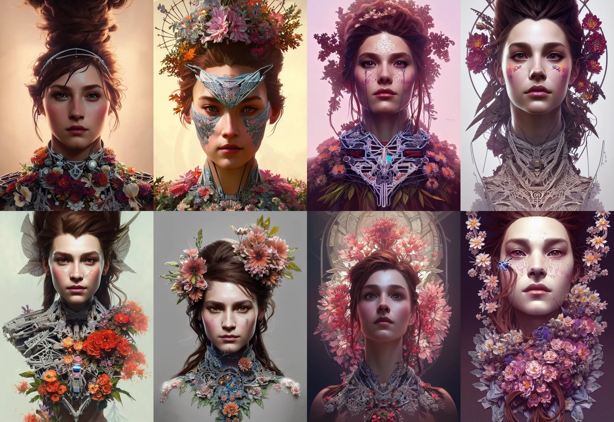 Image similar to symmetry!! portrait of floral! horizon zero dawn machine, intricate, elegant, highly detailed, digital painting, artstation, concept art, smooth, sharp focus, illustration, art by artgerm and greg rutkowski and alphonse mucha, 8 k