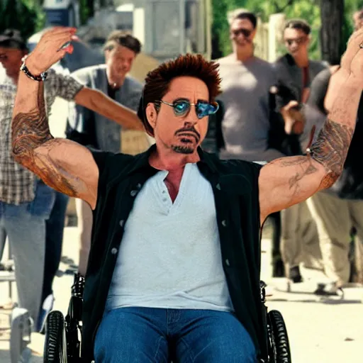 Image similar to robert downey jr. starring in weekend at bernie's. movie poster. comedic. cinematic lighting. robert downey jr. in a wheelchair pushed by dwayne the rock johnson.