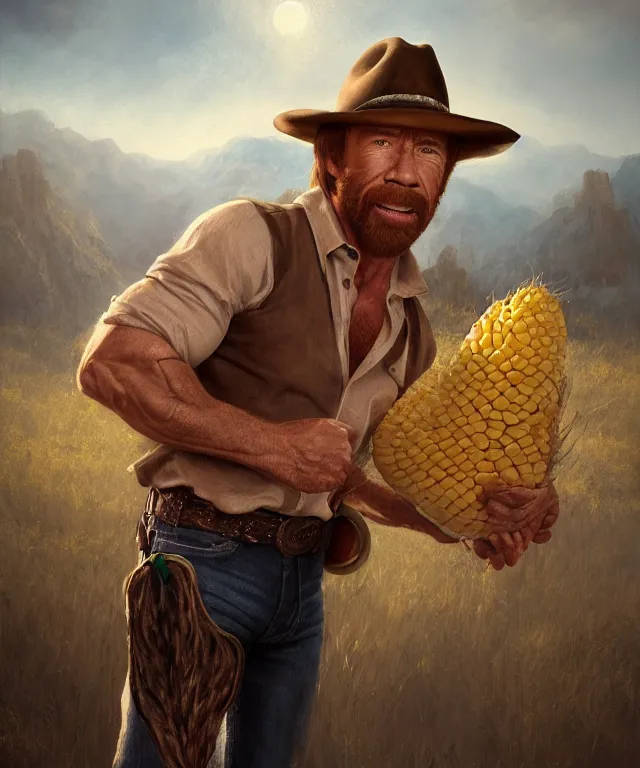 Prompt: chuck norris, cinematic, wearing a cowboy hat, holding a giant corn, elegant, highly detailed, digital painting, artstation, smooth, hard focus, illustration, art by jessica rossier and and brian froud