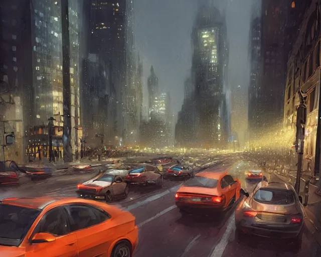 Image similar to beautiful matte painting traffic jam on the streets of neo new york in evening by greg rutkowski, 4 k, extreme details