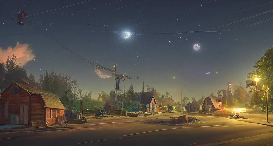 Prompt: a quaint suburban street at night colossal mech looms in the distance, realistic rendering, unreal engine, 4k, hdr, high dynamic range, f12, by simon stalenhag