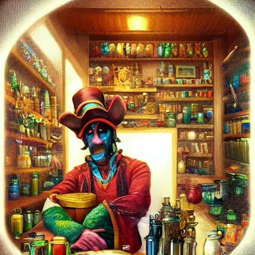 Image similar to Anthropomorphized parrot trader in his shop, shelves full, selling a gem, portrait, items, magic potions, fancy hat, sly expression , cunning expression, cute expression, presenting magic gem, D&D, fantasy, cinematic lighting, highly detailed, digital painting, artstation, concept art, smooth, sharp focus, illustration, warm light, cozy warm tint, magic the gathering artwork, volumetric lighting, 8k, no gold, no gold colours, art by Akihiko Yoshida, Greg Rutkowski