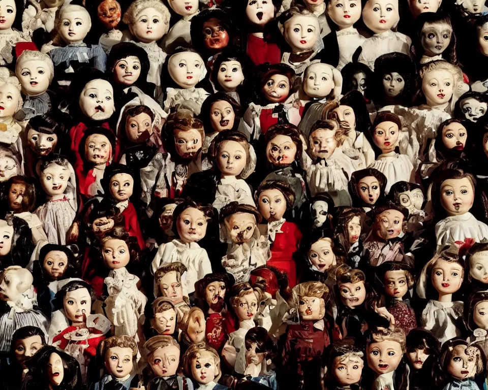 Image similar to a horror movie poster featuring a school full of ceramic dolls