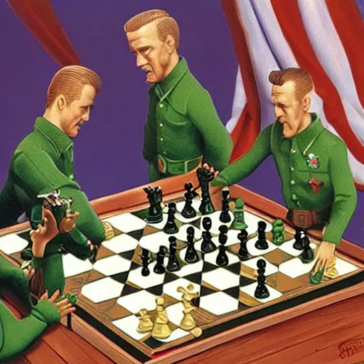 Prompt: two generals playing chess with toy army men, artwork by greg hildebrandt