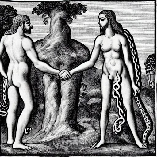 Image similar to depiction of adam and eve shaking hands with an anthromorphic snake