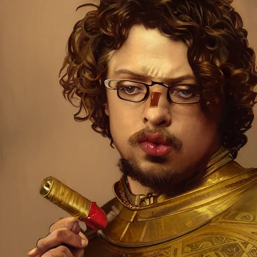 Image similar to Sam Hyde as a Roman warrior wearing gold and red armor, elegant suit, smoking a cigarette, portrait art by alphonse mucha and greg rutkowski, highly detailed, digital painting, concept art, illustration, dim lighting with twilight rays of sunlight, trending on artstation, very detailed, smooth, sharp focus, octane render, close up