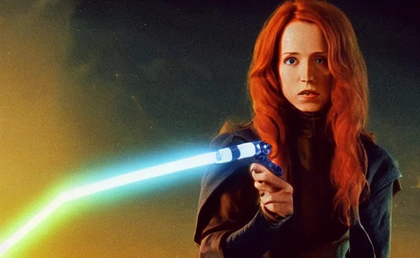 Image similar to screenshot of Jedi Mara Jade, played by Julian Moore, holding a blue lightsaber in right hand, iconic scene from 1980s film by Stanley Kubrick, 4k, windy hair, cinematic still frame, surreal sci fi set design, photoreal, detailed face, moody storm lighting, stunning cinematography, hyper detailed, sharp, anamorphic lenses, kodak color film stock