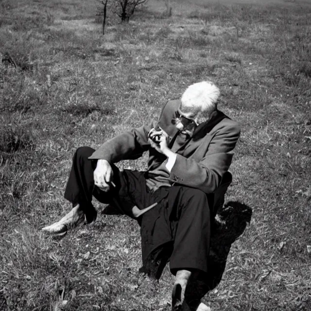 Image similar to a man resting smoking a joint at the end of the world, photo by william eggelston