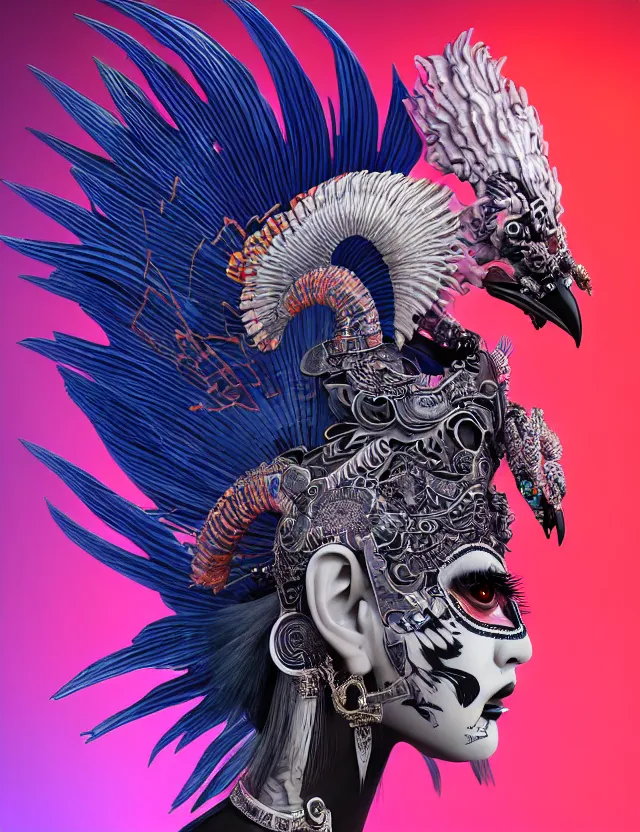 Image similar to 3 d goddess close - up profile portrait punk with mohawk with ram skull. beautiful intricately detailed japanese crow kitsune mask and clasical japanese kimono. betta fish, jellyfish phoenix, bio luminescent, plasma, ice, water, wind, creature, artwork by tooth wu and wlop and beeple and greg rutkowski