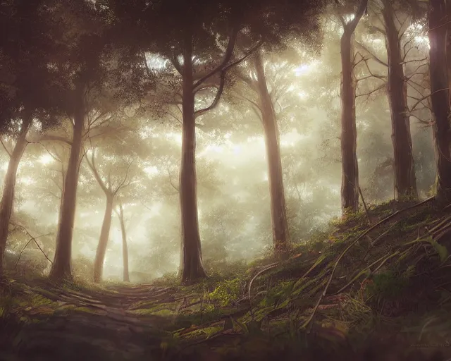 Image similar to environmental illustration of a wide angle shot of a trail in a foggy ancient forest | | anime key visual, official media, illustrated by wlop, extremely detailed, 8 k, trending on pixiv, cinematic lighting, beautiful