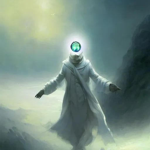 Image similar to ''cinematic shot'' white hooded mage ( spectre ) holding a diamond with leaves falling simetrical 8 k atmosferic realistic made by ivan aivazovsky, peter mohrbacher, greg rutkowski volumetric light effect broad light oil painting painting fantasy art style sci - fi art style realism premium prints available artwork unreal engine