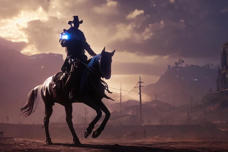 Prompt: on a beautiful cyberpunk florest theres knight riding a horse, cinematic lightning, ray tracing, unreal engine 5, photorealistic, 8 k, uhd, 4 k, red dead redemption 2 game concept, extremely detailed, beautiful, elegant, intricate, foggy, in - game footage