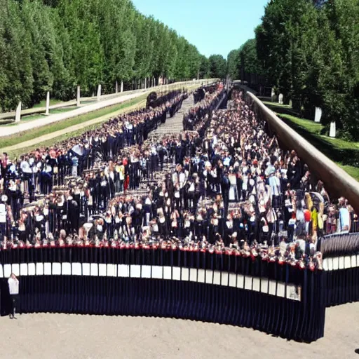 Image similar to the world's longest piano with a group of men standing next to it showing its size.