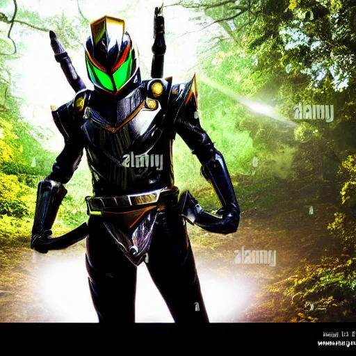 Image similar to High Fantasy Kamen Rider, glowing eyes, 4k, forest plains of north yorkshire, daytime, chainmail rubber undersuit, segmented armor, dark blue armor with green secondary color, tokusatsu