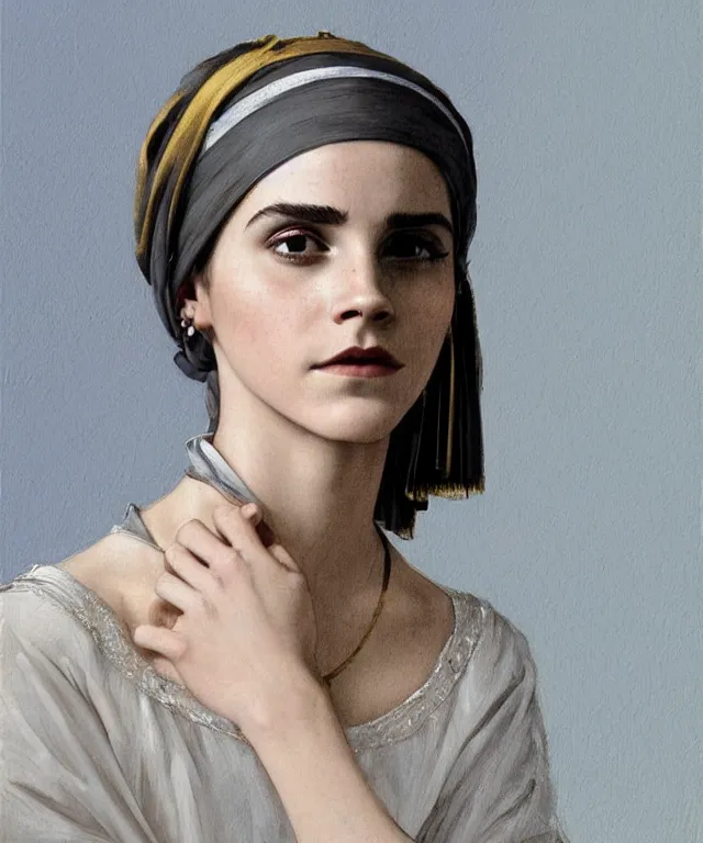 Image similar to Emma Watson as the girl with the pearl earring, highly detailed, digital painting, artstation, concept art, smooth, sharp focus, illustration, ArtStation, art by artgerm and greg rutkowski and alphonse mucha and J. C. Leyendecker and Edmund Blair Leighton and Katsuhiro Otomo and Geof Darrow and Phil hale and Ashley wood and Ilya repin and Charlie Bowater