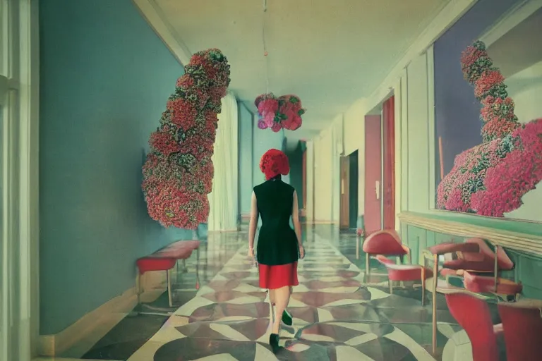 Image similar to giant flower head, girl walking in 1 9 6 0 s hotel, surreal, symmetry, mid century, fanciful, hue, detailed, wes anderson