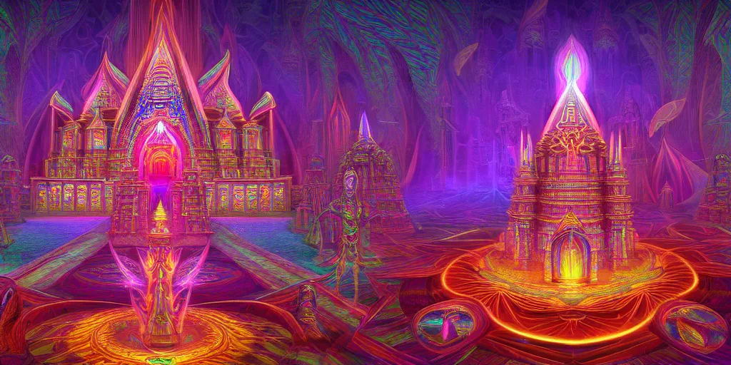 Prompt: dmt temple, sacred geometric buildings housing dmt time elves, psychedelic architecture, soul frequency, 8 k resolution, highly detailed,