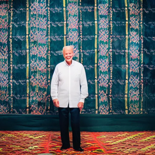 Image similar to A Photo Portrait of Joe Biden Wearing Indonesian Batik Tulis at a fancy Balinese restaurant, award winning photography, sigma 85mm Lens F/1.4, blurred background, perfect faces