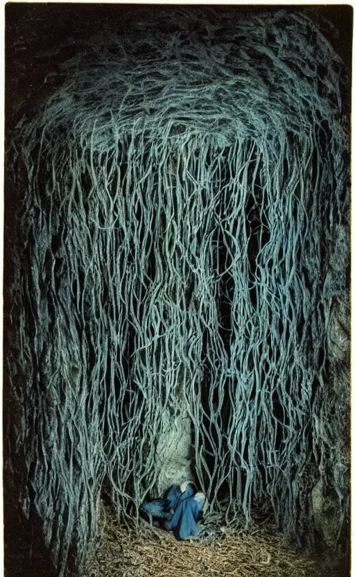 Image similar to blue vines in a dark cave forming a human face, creepy, extreme detail, realistic, polaroid color photo, vintage, stunning 8 k, neutral colors, by gregory crewdson