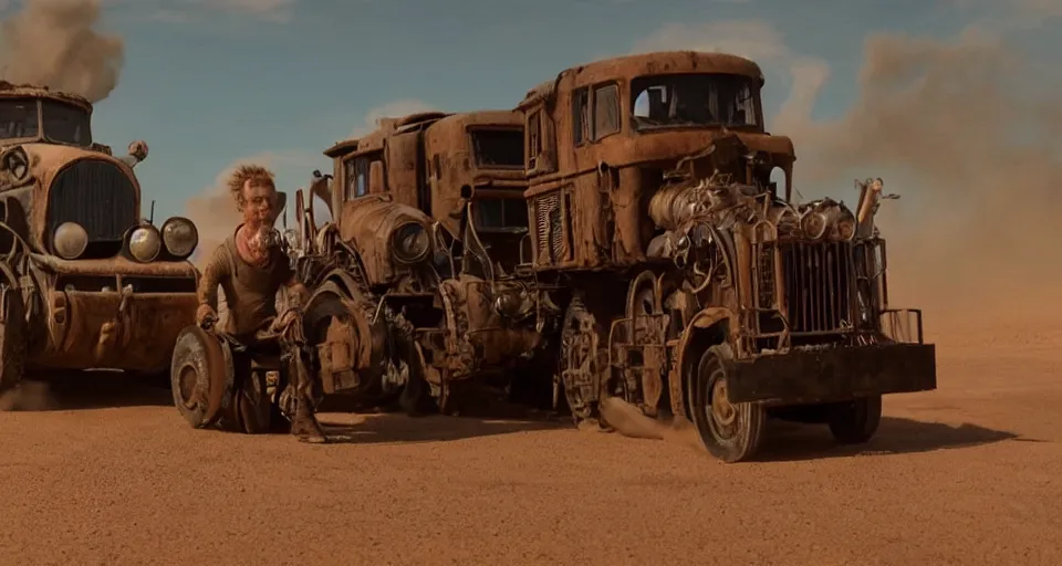 Image similar to still frame of rusty punk Thomas the Tank Engine in MAD MAX: FURY ROAD (2015)