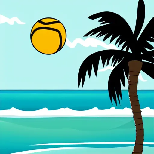 Image similar to waves in bottom front of a palm tree in front of a giant volleyball with seams vector logo, professional sports style, flat colour, svg, professional, sharp edges