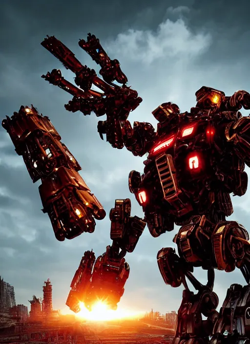 Image similar to a shiny ornate boxing humanoid mecha in ruin city, victory, bright, by war robots, real steel ( 2 0 1 1 ), westworld and eve venture and pacific rim and machine warrior 5, cryengine, frostbite 3 engine, scarlet and yellow scheme, sharp focus, 8 k, high definition, insanely detailed, soft lighting, smooth face